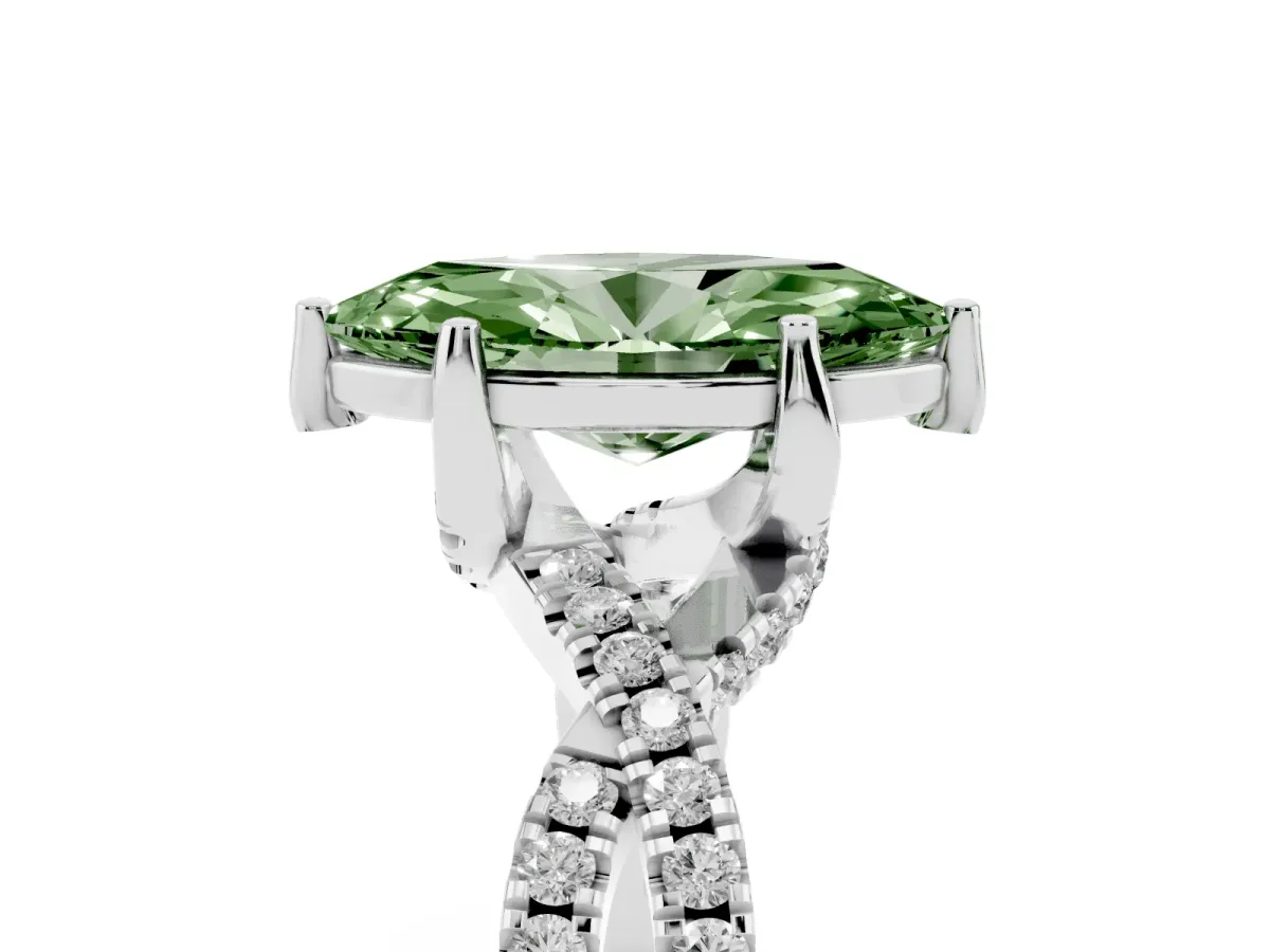 Fancy Green Marquise Cut Solitaire Twist Pave Diamond Engagement Ring with Prong Setting Silver