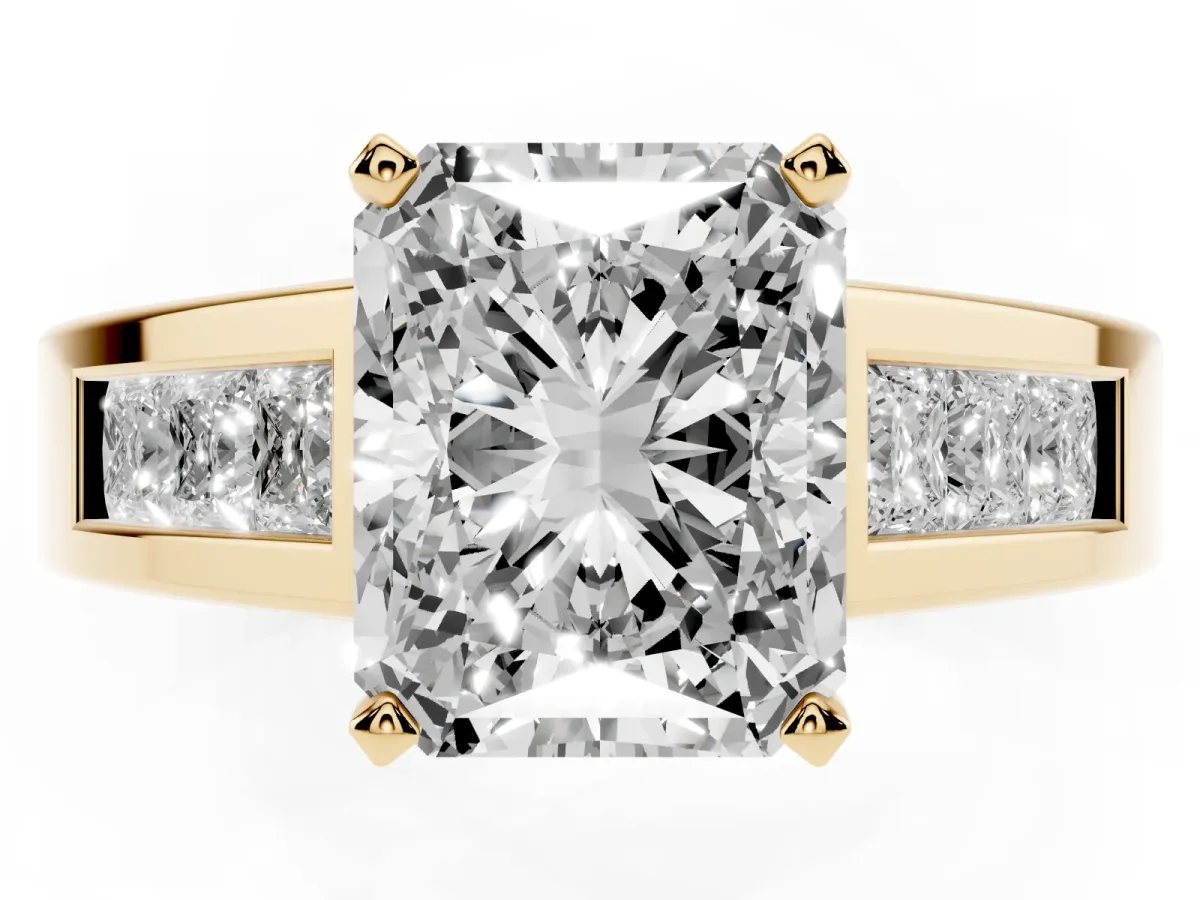 Radiant Cut Cut Channel Set Solitaire Ring with Four-Prong Setting Yellow gold