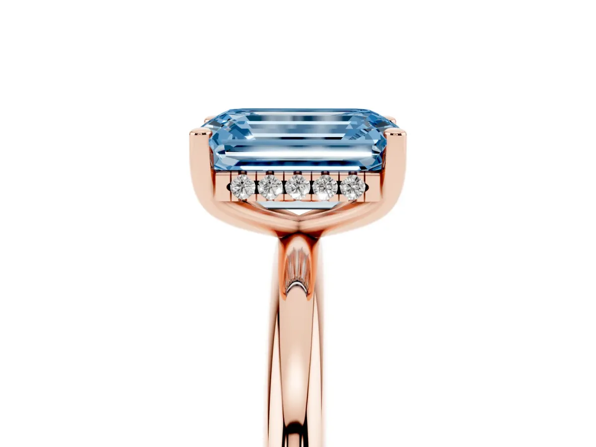 Fancy Blue Emerald Cut Cut Solitaire Engagement Ring with Four-Prong Setting and Classic Band Rose gold