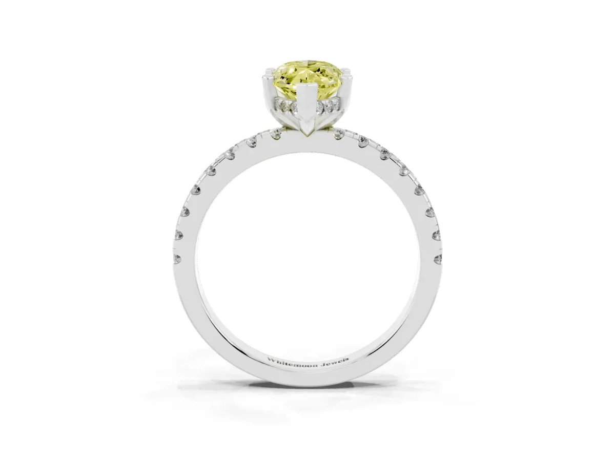 Fancy Yellow Marquise Cut Diamond Solitaire Ring with Round Pavé Band and Four-Prong Setting Silver