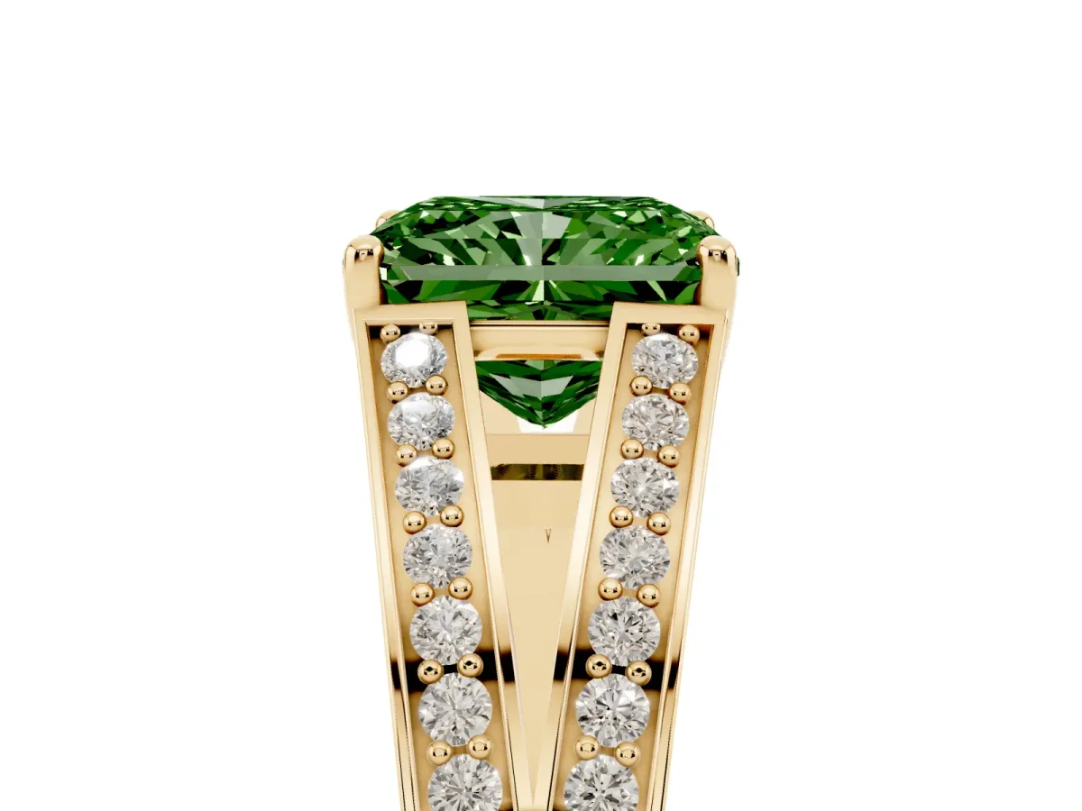 Fancy Green Radiant Cut Diamond Split Shank Ring with Pavé Band and Four-Prong Setting Yellow gold