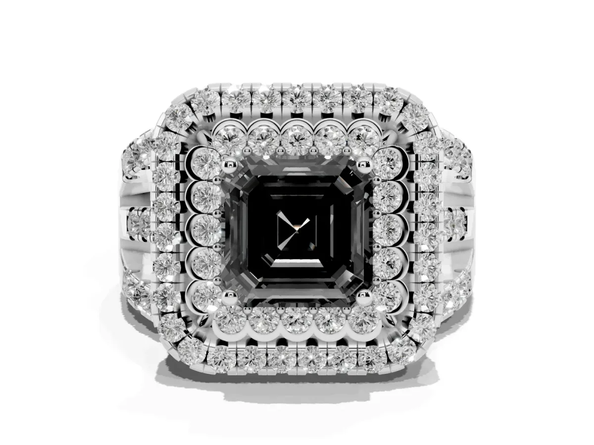 Fancy Black Asscher Cut Diamond Double Halo Ring with Round Pavé Split Shank and Prong Setting Silver