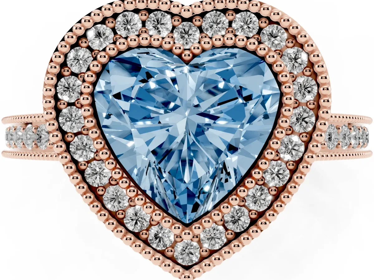 Fancy Blue Heart Cut Cut Halo Diamond Ring with Pavé Band and Milgrain Prong Setting Rose gold