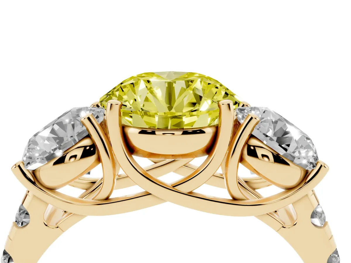 Fancy Yellow Three-Stone Round Cut Diamond Pavé Band with Prong Setting Yellow gold