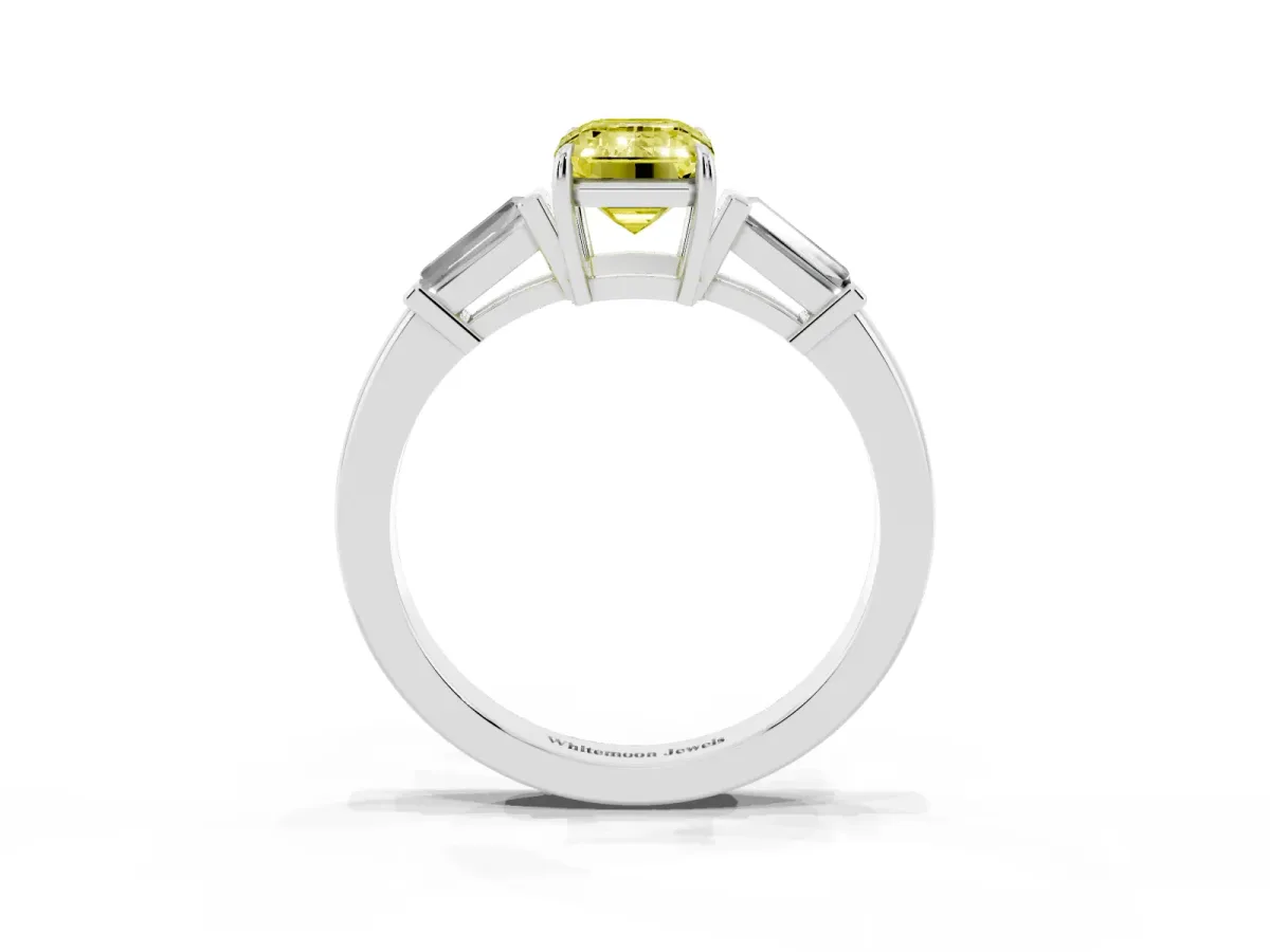 Fancy Yellow Emerald Cut Diamond Three-Stone Ring with Tapered Baguette Side Stones and Prong Setting White gold