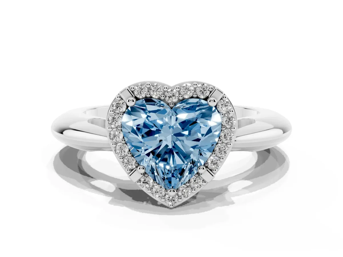 Fancy Blue Heart Cut Cut Diamond Halo Engagement Ring with Split Shank and Four-Prong Setting Silver