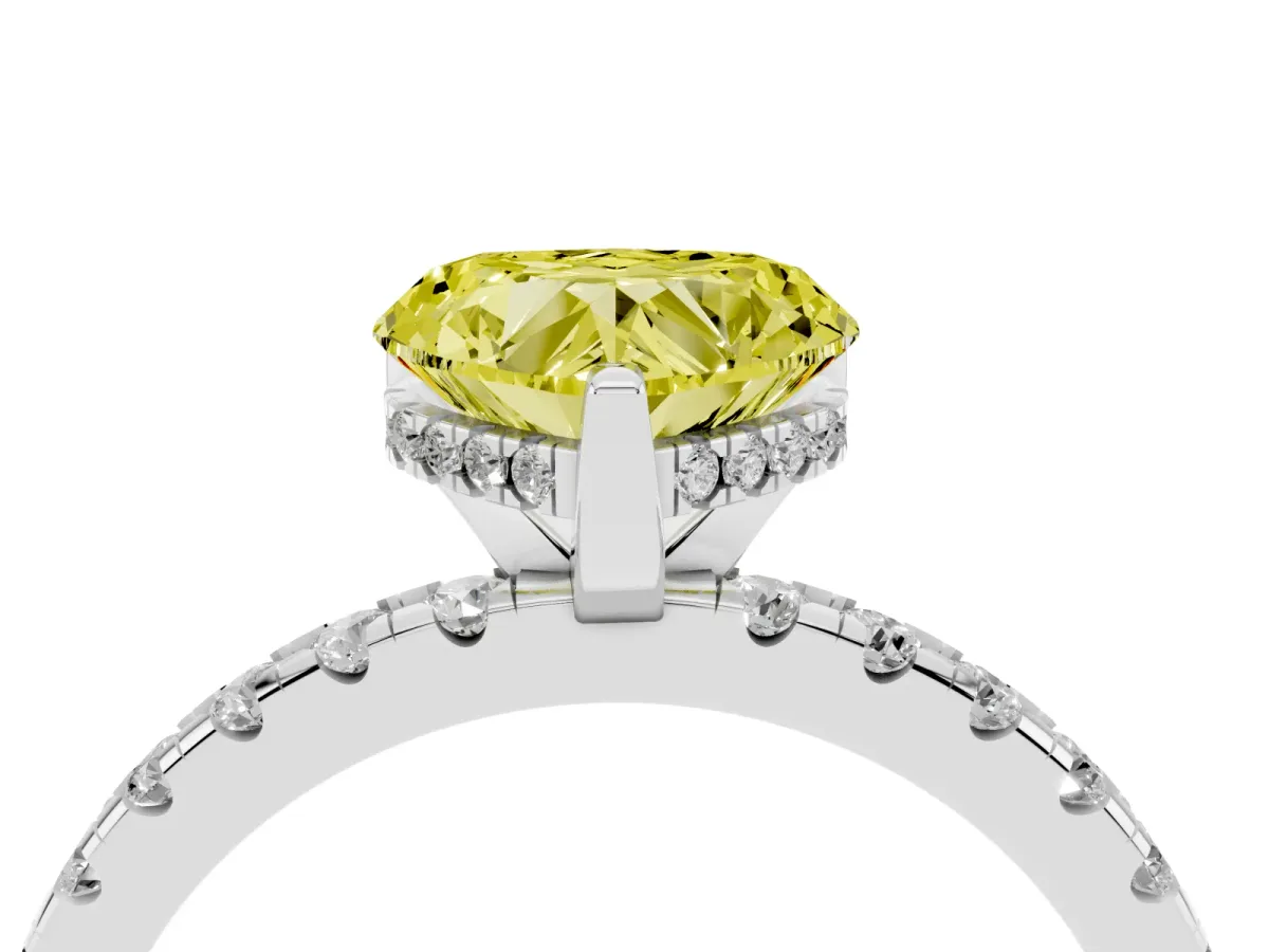 Fancy Yellow Heart Cut Diamond Solitaire Ring with Round Pavé Band and Four-Prong Setting Silver