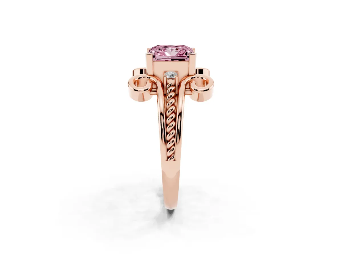 Fancy Pink Princess Cut Solitaire Twisted Band Scroll Prong Ring Rose gold