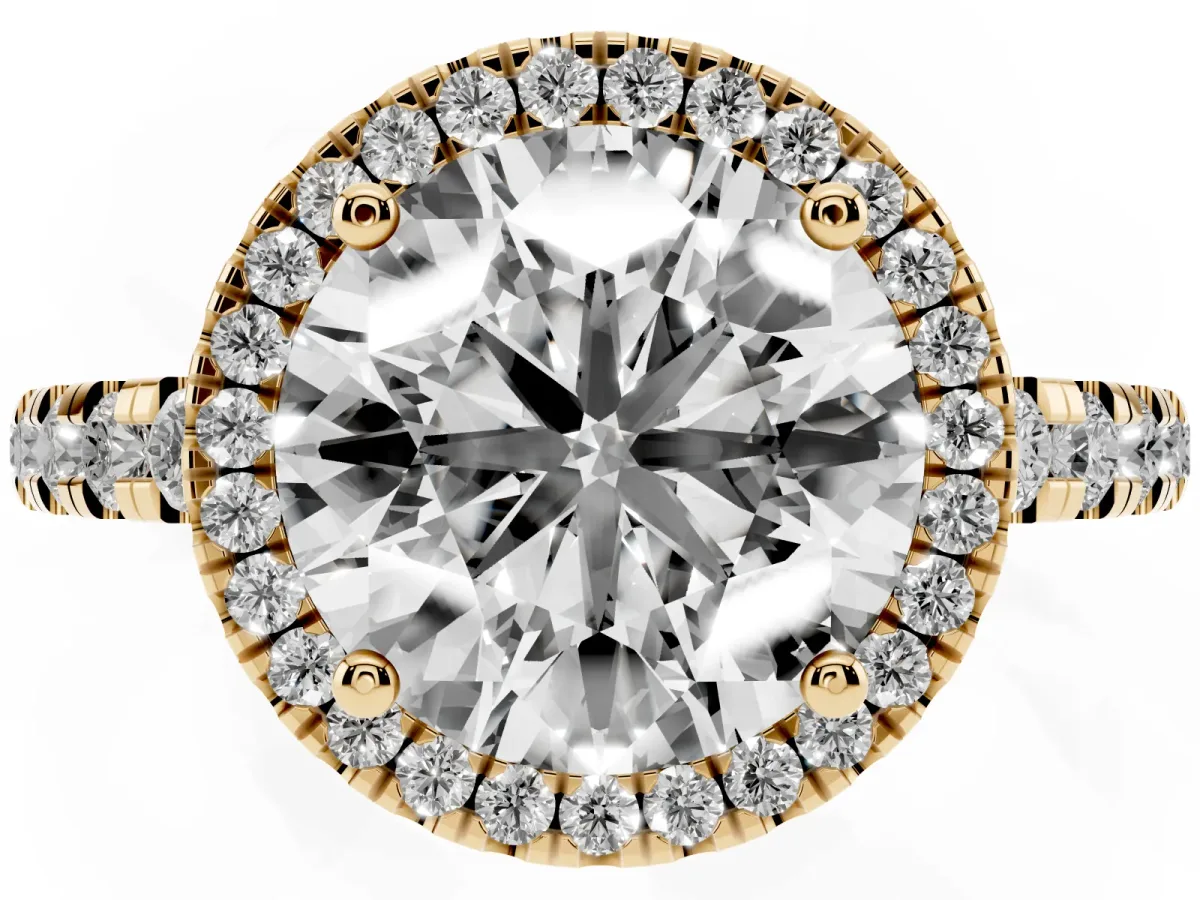 Round Cut Diamond Halo Ring with Pavé Band and Four-Prong Setting Yellow gold