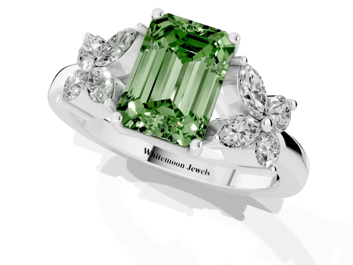 Fancy Green Emerald Cut Diamond Floral Cluster Ring with Solitaire Band and Prong Setting Platinum