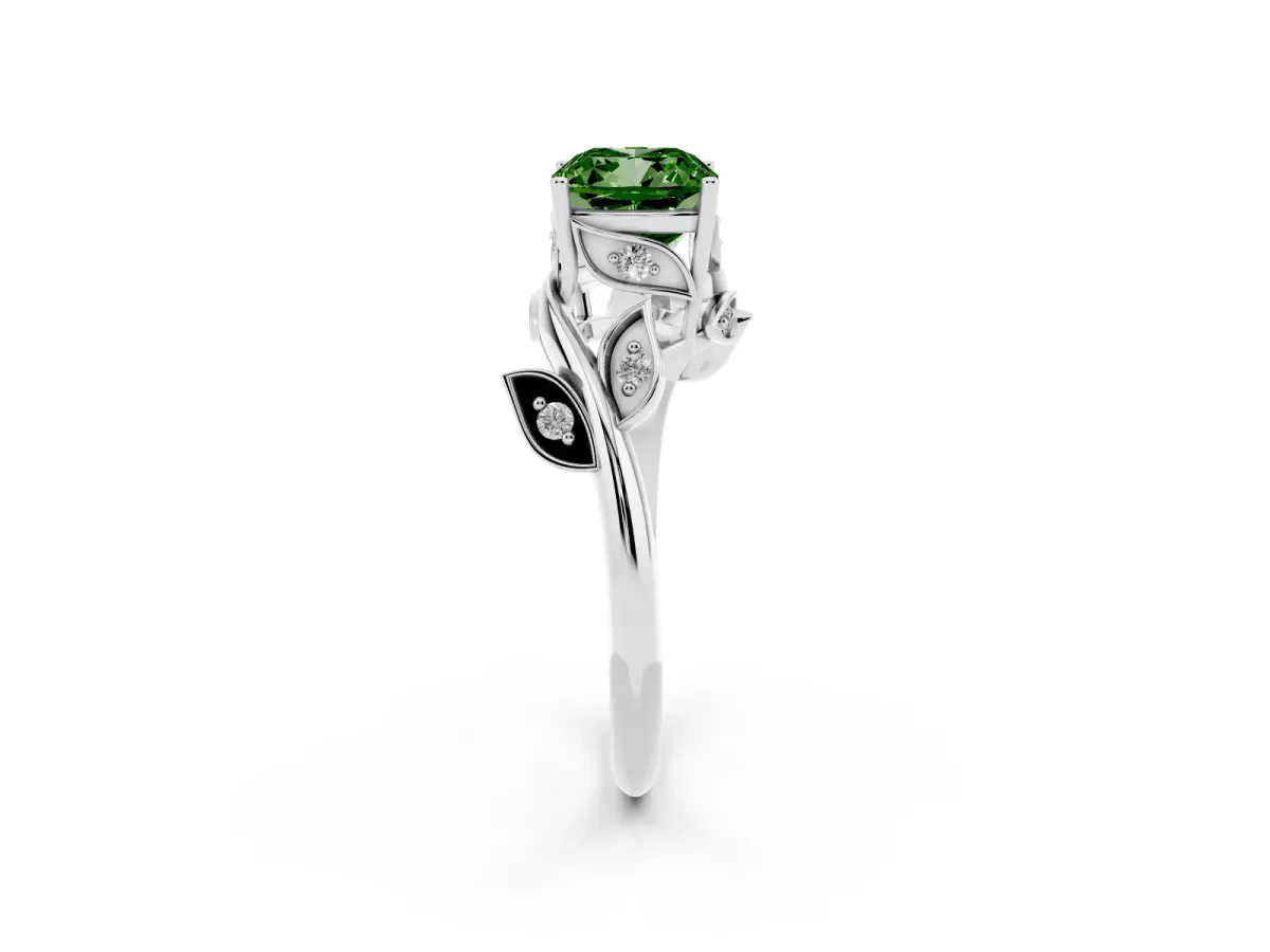 Fancy Green Cushion Cut Solitaire Twist Engagement Ring with Leaf Accents and Prong Setting Platinum