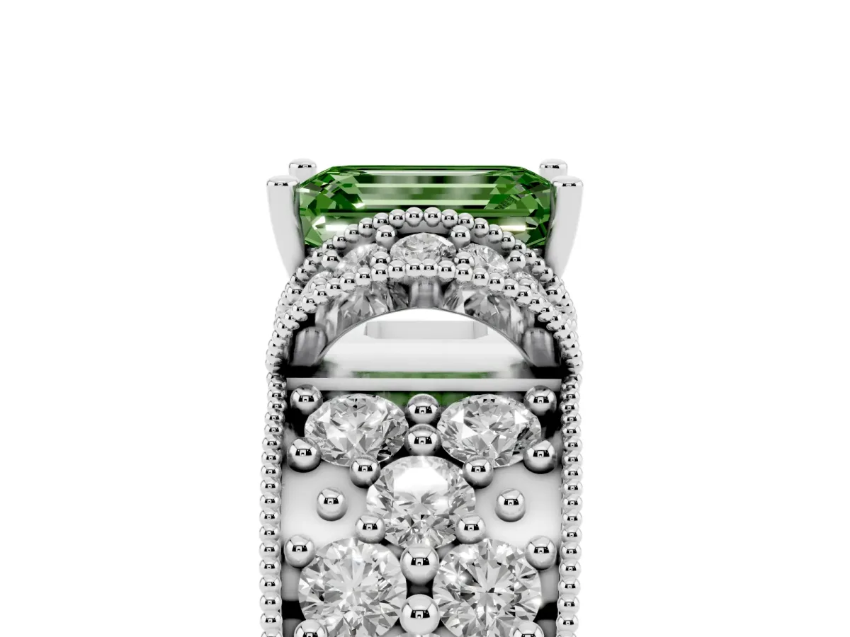 Fancy Green Emerald Cut Halo Pave Diamond Engagement Ring with Milgrain Detailing White gold