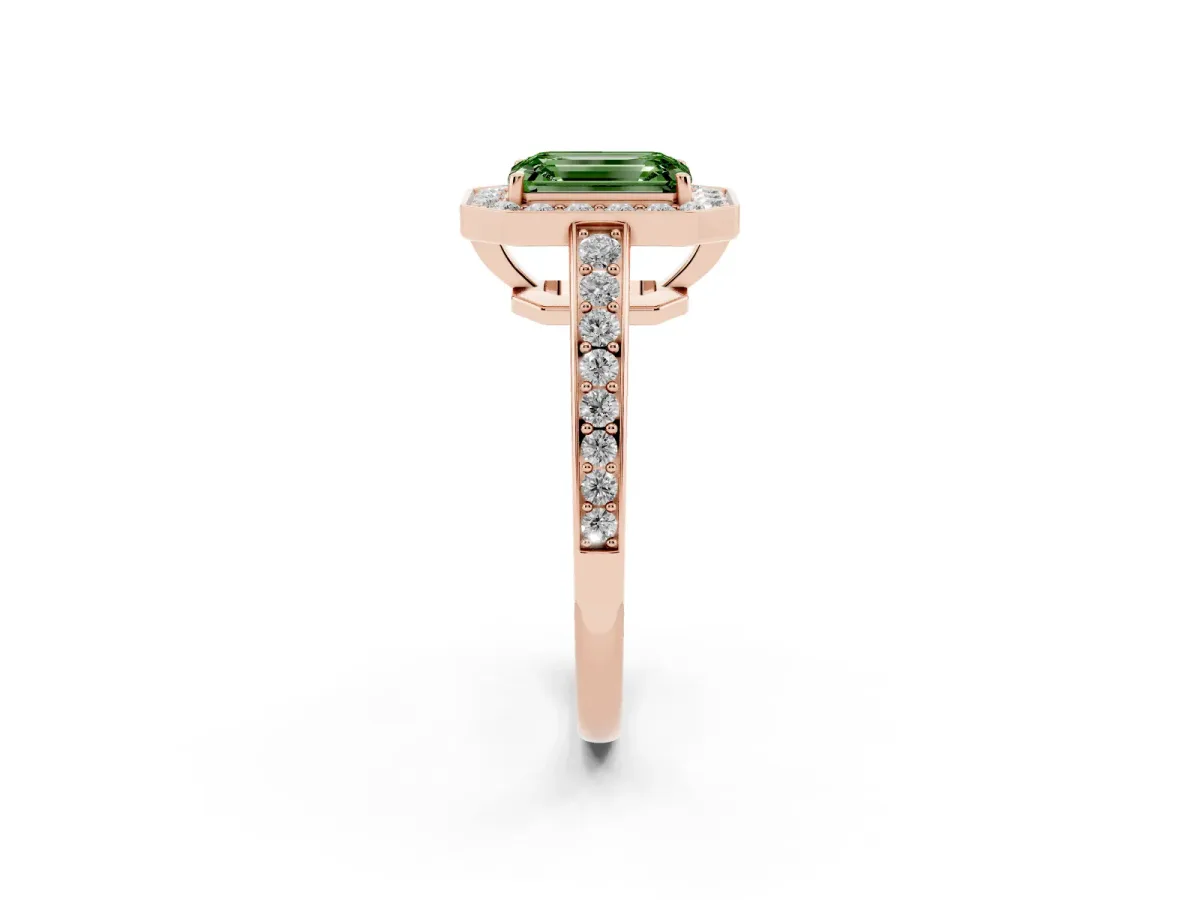 Fancy Green Emerald Cut Halo Pavé Diamond Engagement Ring with Bezel Setting Rose gold