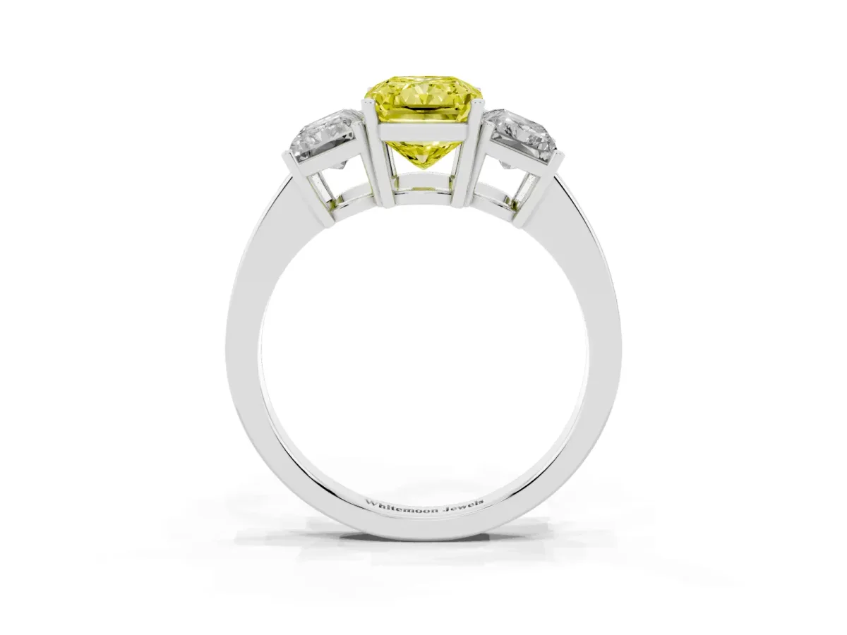 Fancy Yellow Three-Stone Radiant Cut Cut Diamond Engagement Ring with Flat Band and Four-Prong Setting Silver