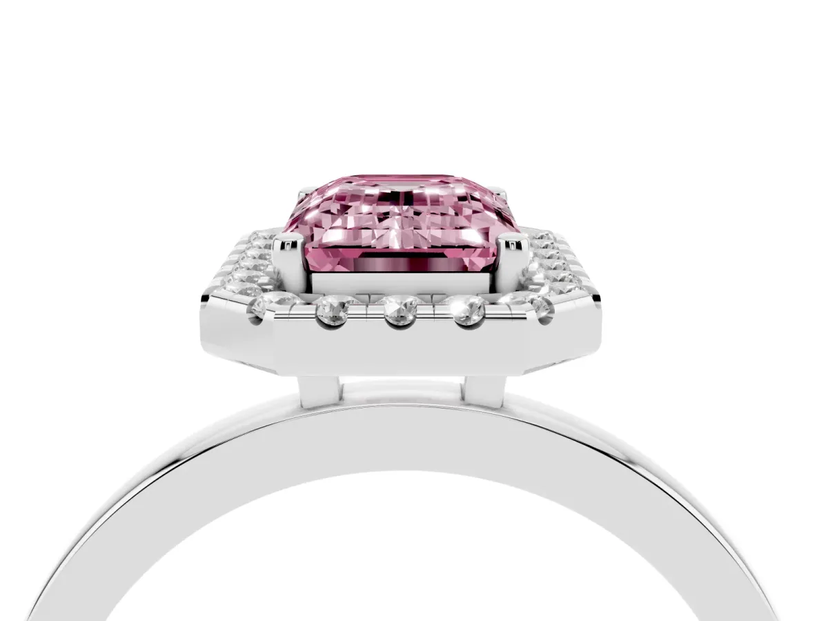 Fancy Pink Emerald Cut Halo Diamond Solitaire with Pavé Band and Four-Prong Setting Silver