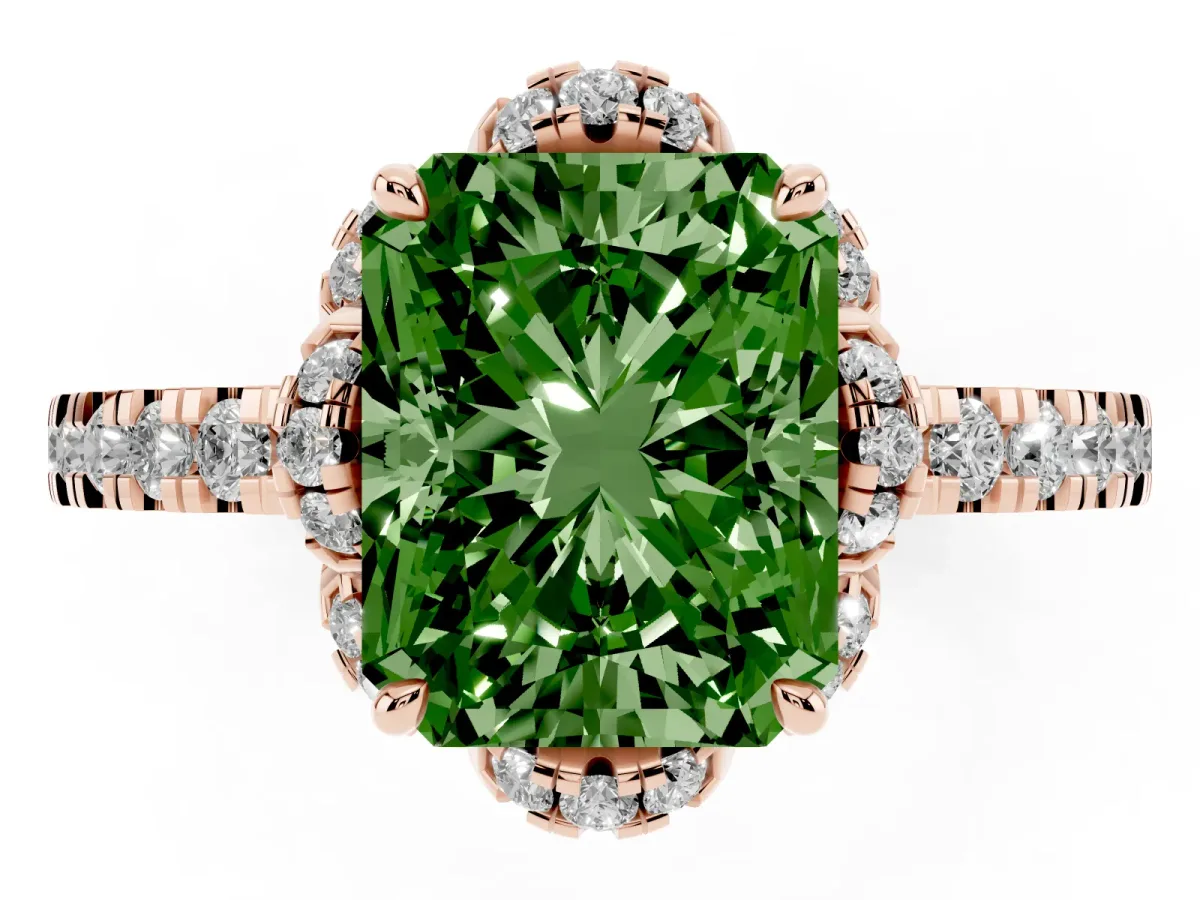Fancy Green Radiant Cut Halo Diamond Pave Band Ring with Four-Prong Setting Rose gold
