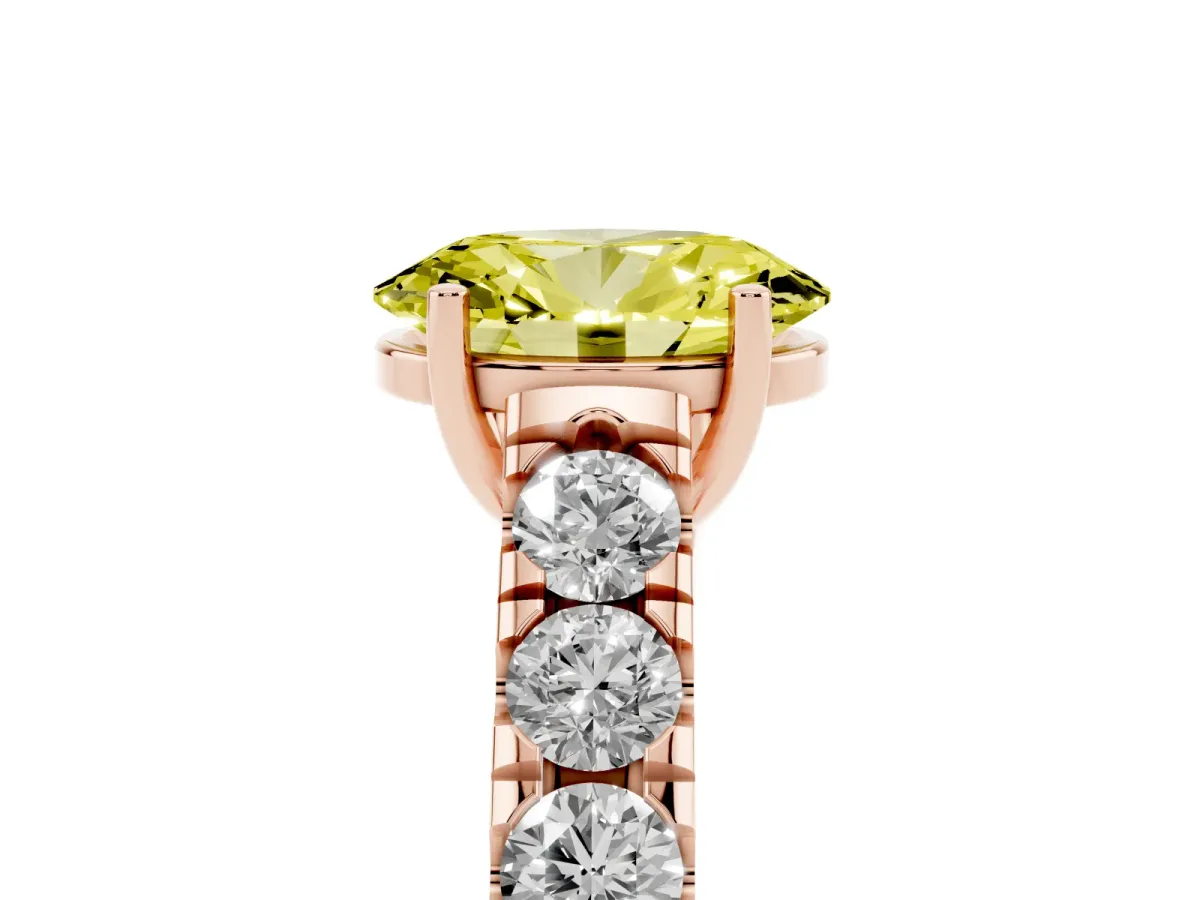 Fancy Yellow Oval Cut Cut Diamond Solitaire Ring with Micro Pave Band and Prong Setting Rose gold