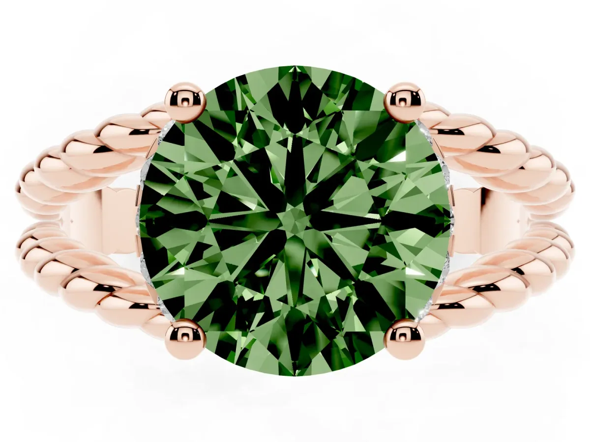 Fancy Green Round Cut Halo Twisted Band Four-Prong Ring Rose gold