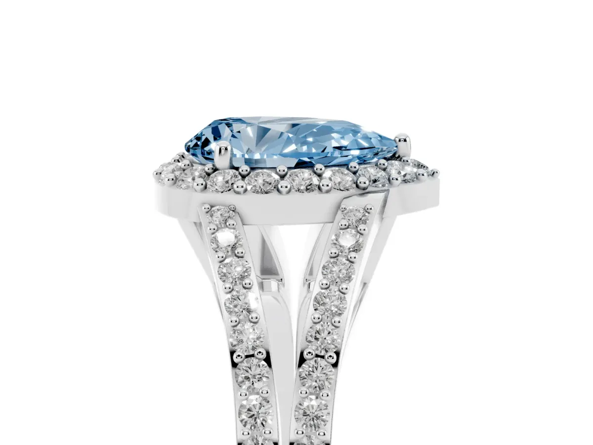 Fancy Blue Pear Cut Halo Split Shank Diamond Ring with Prong Setting Platinum