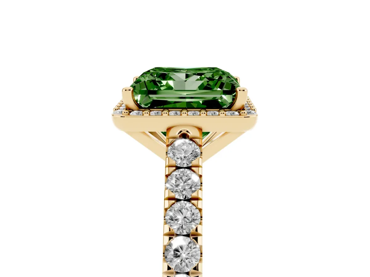 Fancy Green Princess Cut Cut Halo Diamond Engagement Ring with Pave Band and Four-Prong Setting Yellow gold
