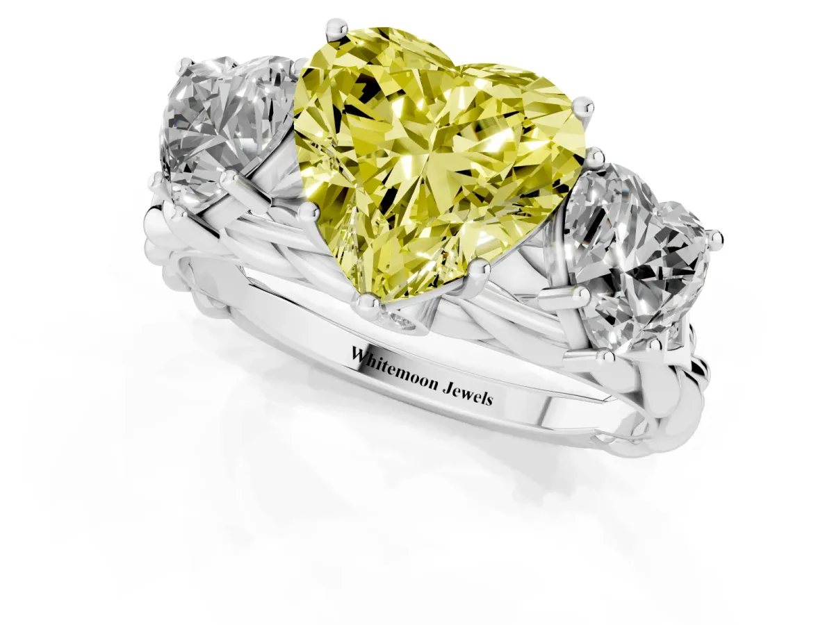 Fancy Yellow Three-Stone Heart Cut Diamond Braided Band Ring with Four-Prong Setting Silver