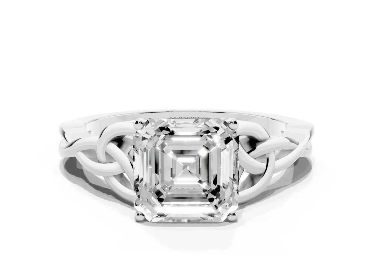 Asscher Cut Diamond Solitaire Engagement Ring with Celtic Knot Band and Four-Prong Setting Platinum