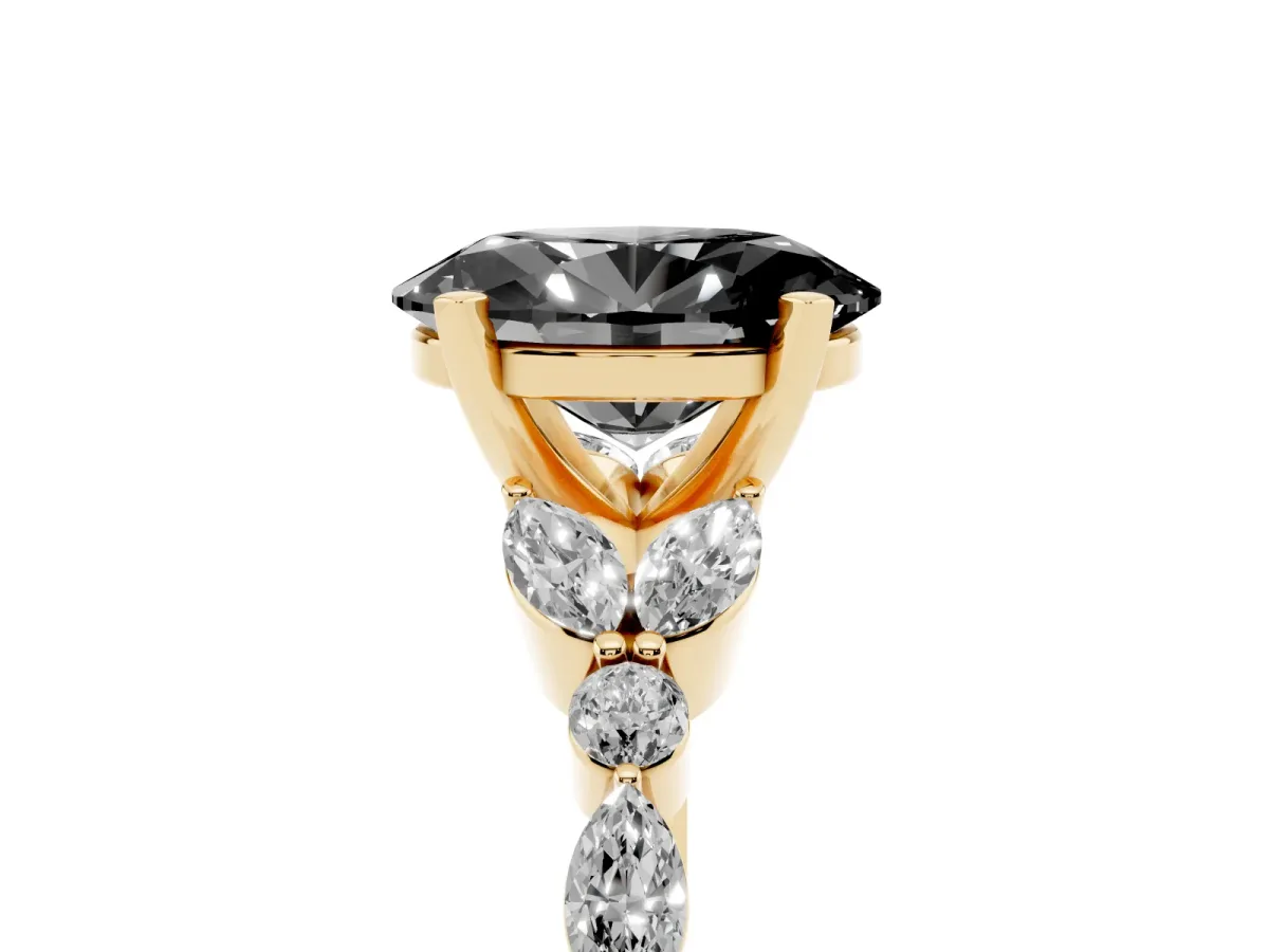 Fancy Black Oval Cut Diamond Solitaire Ring with Side Stones and Four-Prong Setting Yellow gold