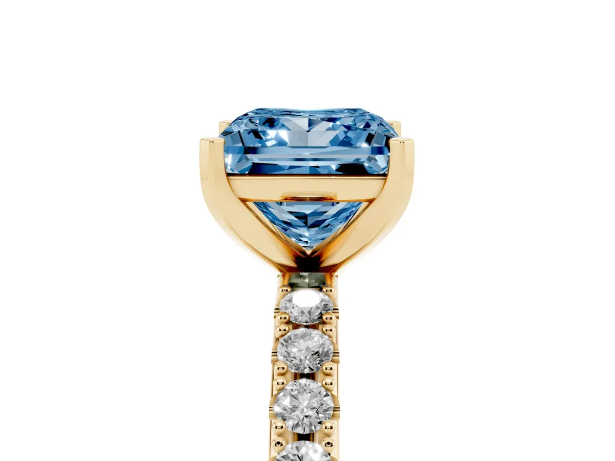 Fancy Blue Princess Cut Diamond Solitaire Pavé Band with Four-Prong Setting Yellow gold