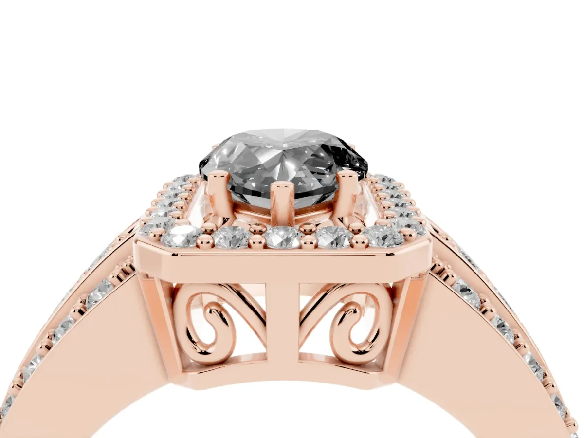 Fancy Black Pear Cut Halo Diamond Ring with Round Split Shank and Prong Setting Rose gold