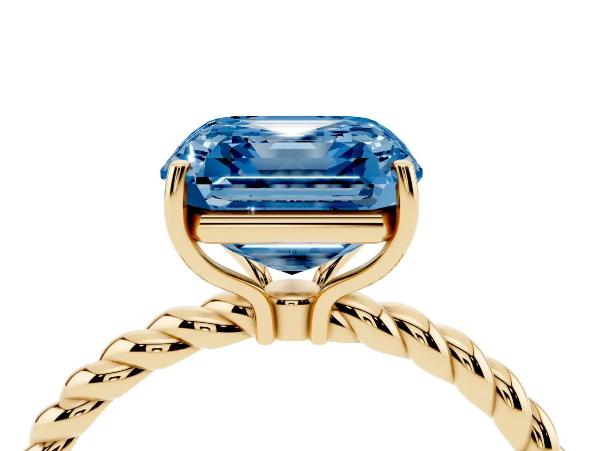 Fancy Blue Asscher Cut Solitaire Twist Band Ring with Four-Prong Setting Yellow gold