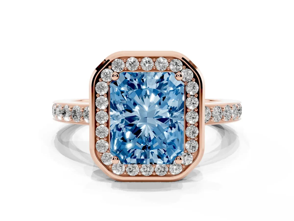 Fancy Blue Radiant Cut Diamond Halo Ring with Bezel Frame and Pavé Band Rose gold