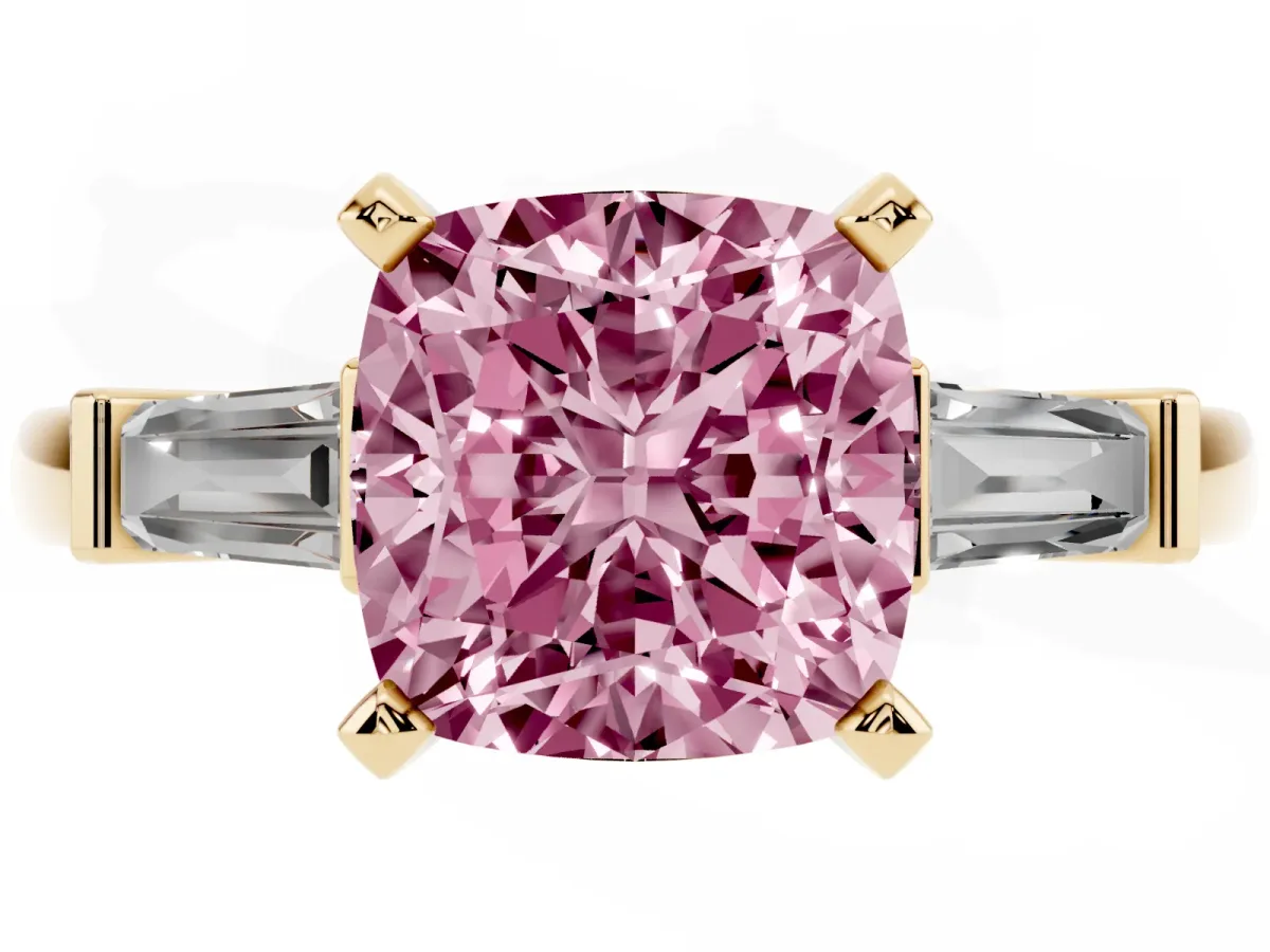 Fancy Pink Cushion Cut Cut Diamond Solitaire Ring with Tapered Baguette Accents and Four-Prong Setting Yellow gold