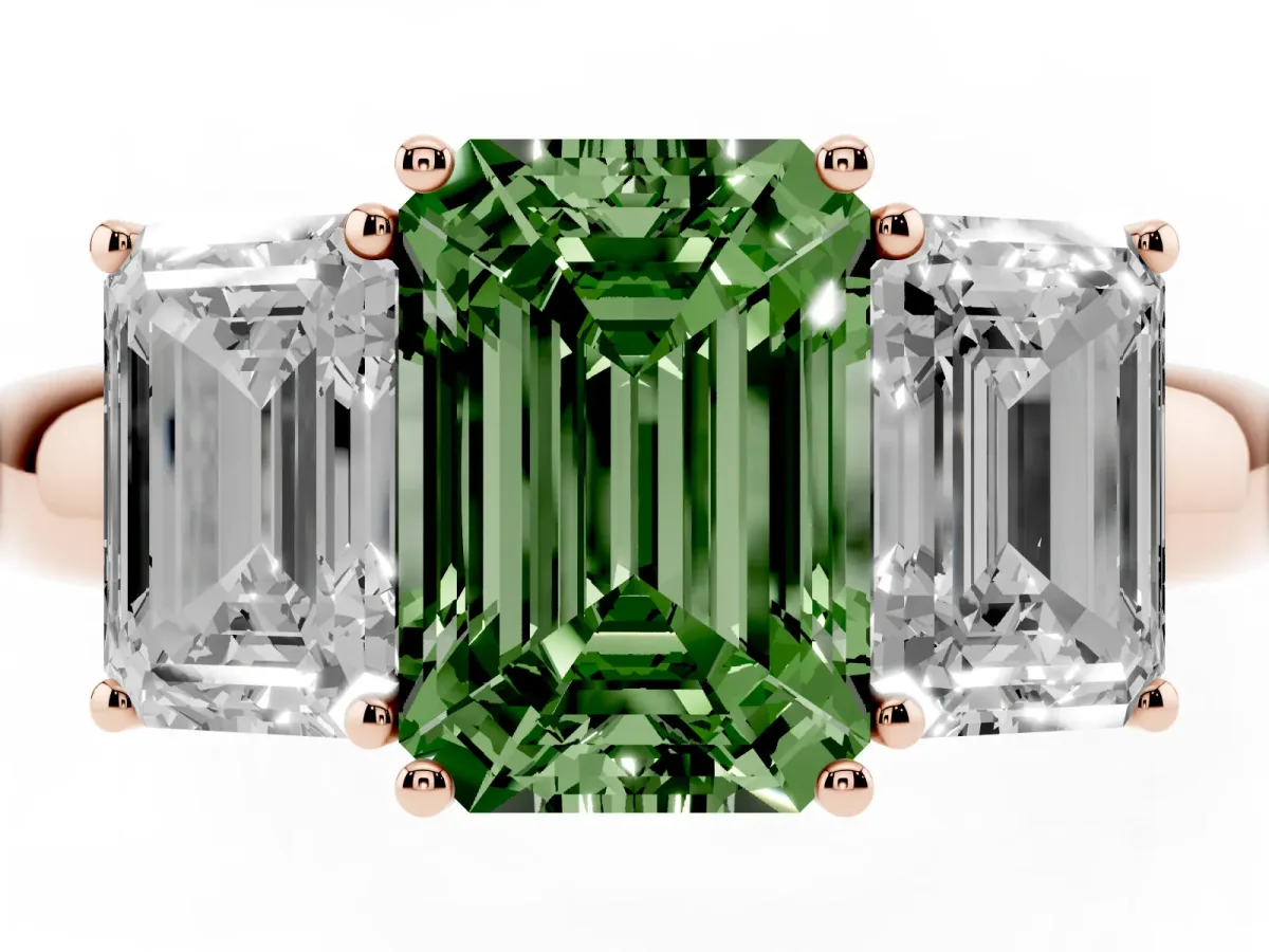 Fancy Green Emerald Cut Diamond Three-Stone Ring with Four-Prong Setting and Classic Band Rose gold