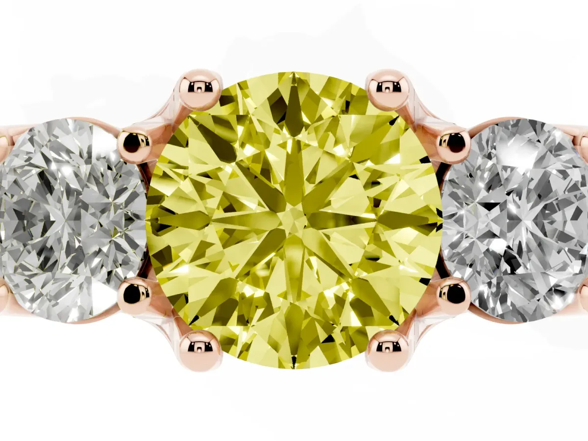 Fancy Yellow Round Cut Diamond Three-Stone Ring with Channel Set Band and Four-Prong Setting Rose gold