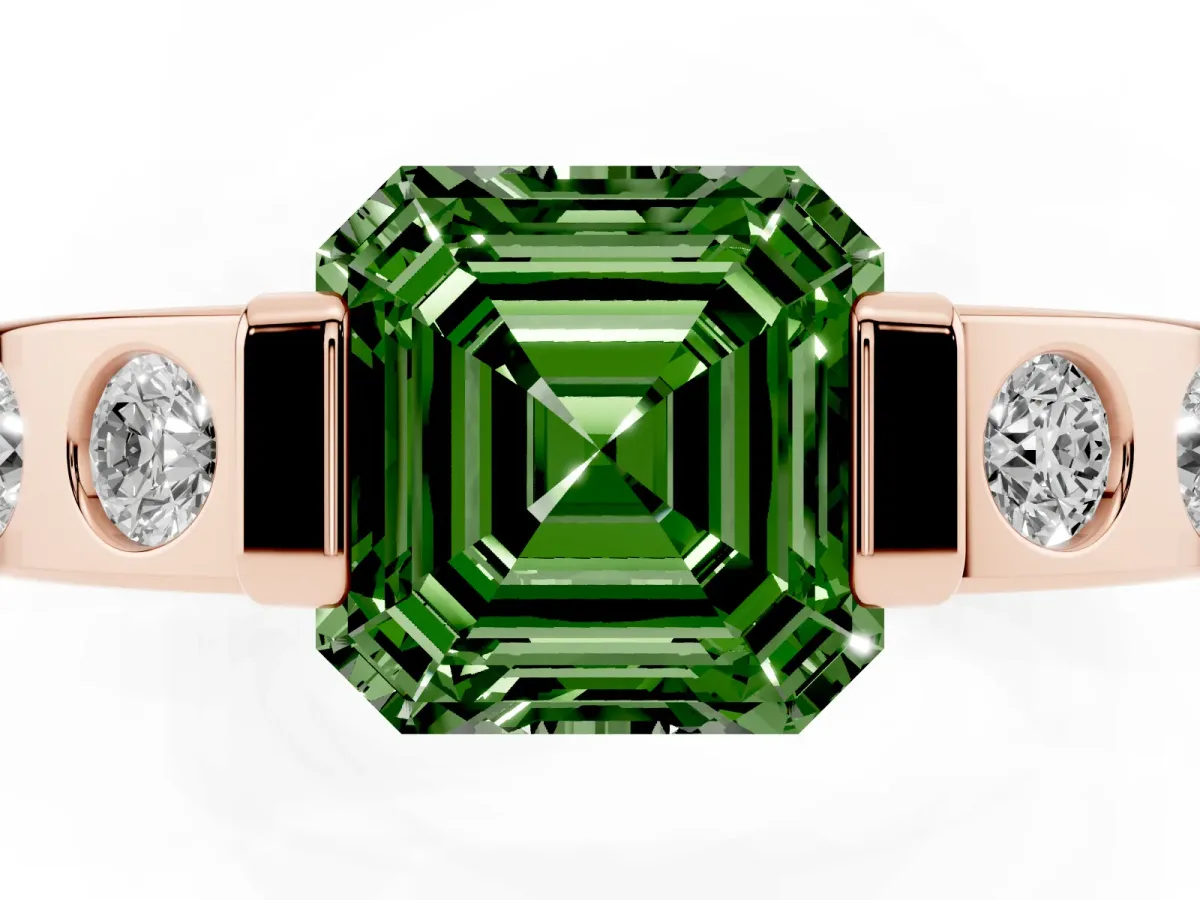 Fancy Green Asscher Cut Brilliant Channel-Set Diamond Ring with Bezel Prong Setting Rose gold