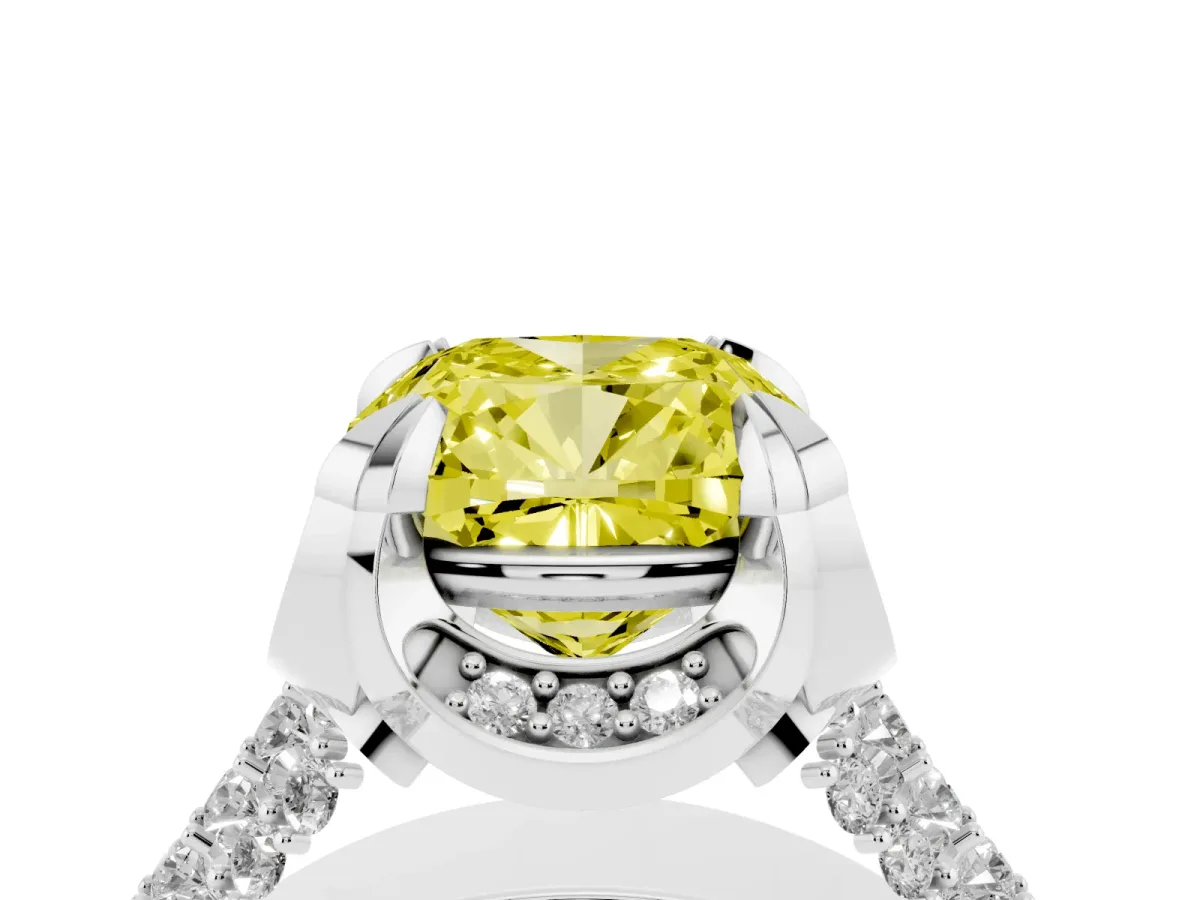 Fancy Yellow Cushion Cut Solitaire Pave Split Shank Ring with Four-Prong Setting Silver