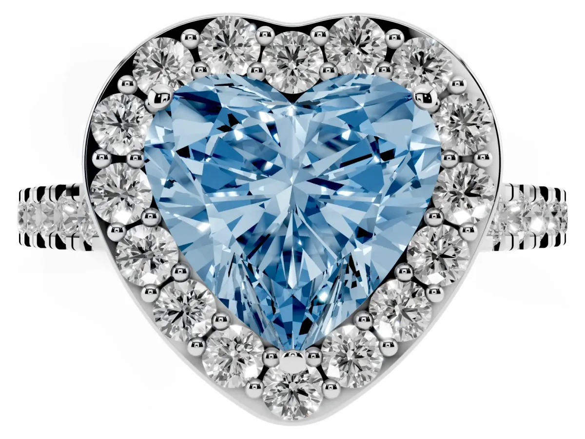 Fancy Blue Heart Cut Diamond Halo Ring with Round Pavé Split Shank and Prong Setting Silver