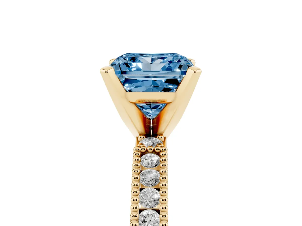 Fancy Blue Princess Cut Solitaire with Pavé Band and Four-Prong Setting Yellow gold