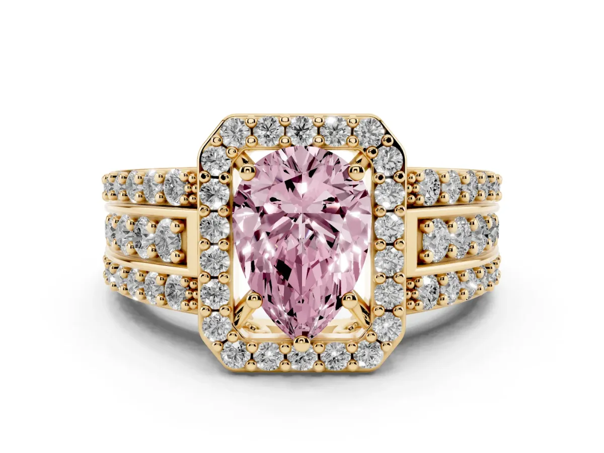 Fancy Pink Pear Cut Halo Diamond Ring with Round Split Shank and Prong Setting Yellow gold