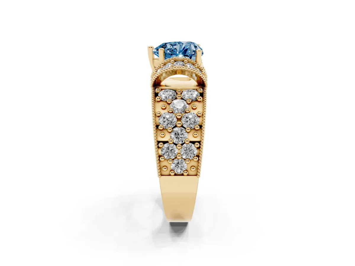 Fancy Blue Heart Cut Halo Pave Diamond Engagement Ring with Milgrain Detailing Yellow gold