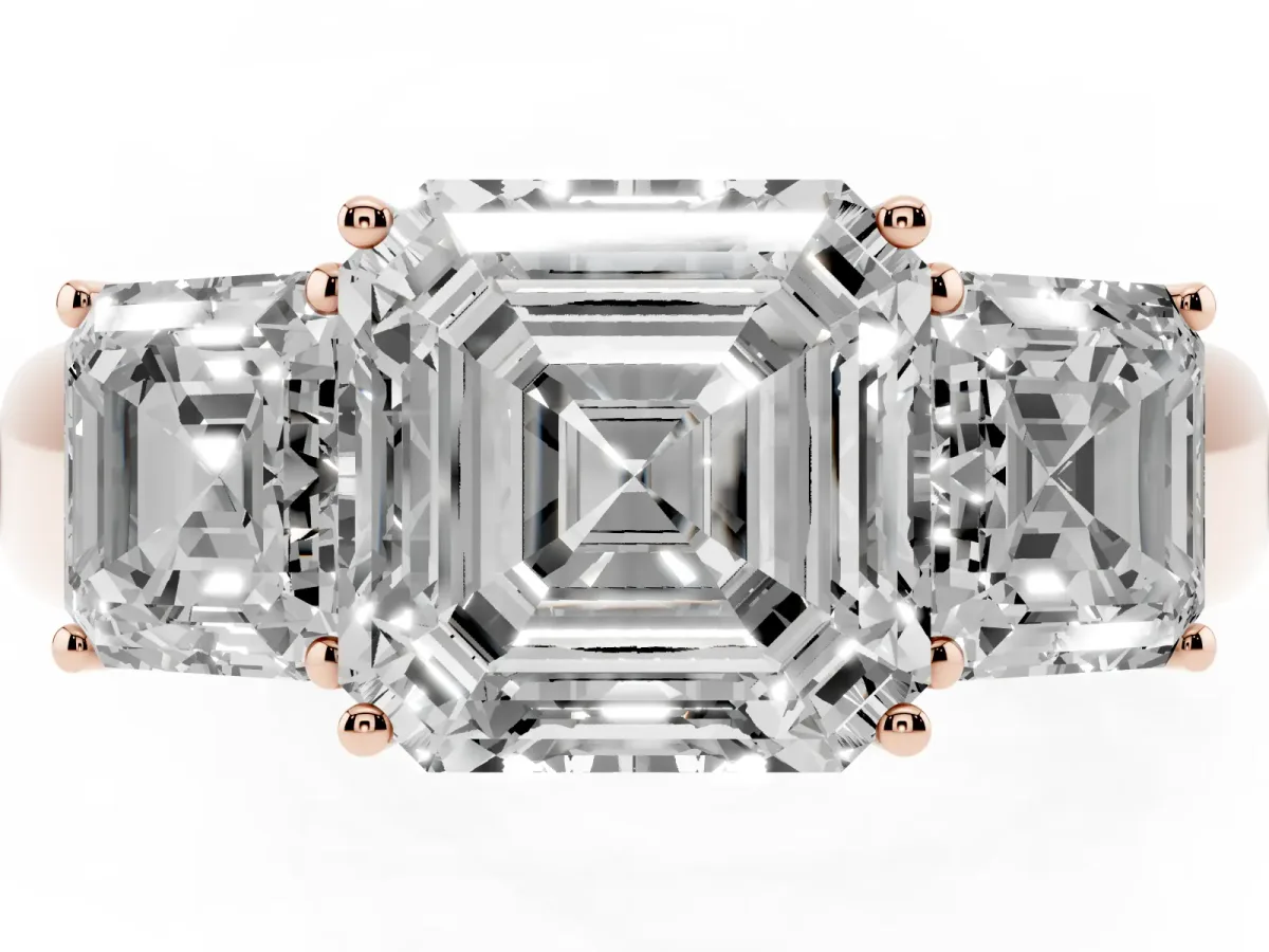 Three-Stone Asscher Cut Cut Diamond Ring with Prong Setting and Classic Band Rose gold