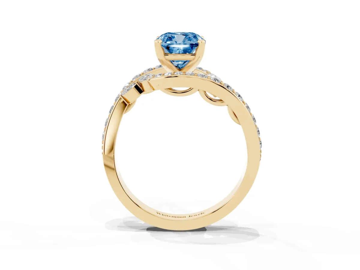Fancy Blue Cushion Cut Diamond Solitaire Ring with Filigree Band and Four-Prong Setting Yellow gold