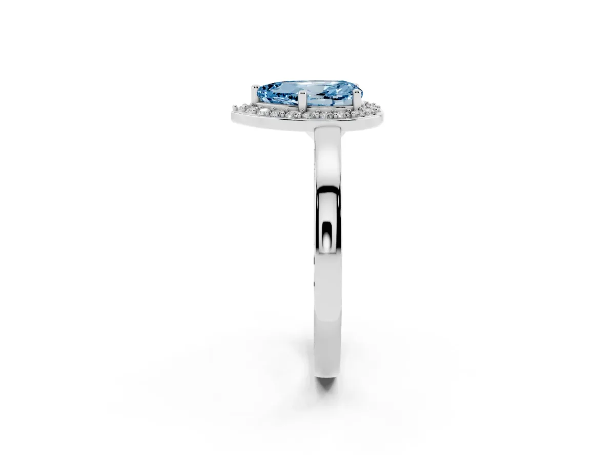 Fancy Blue Pear Cut Halo Diamond Ring with Solitaire Band and Prong Setting Platinum