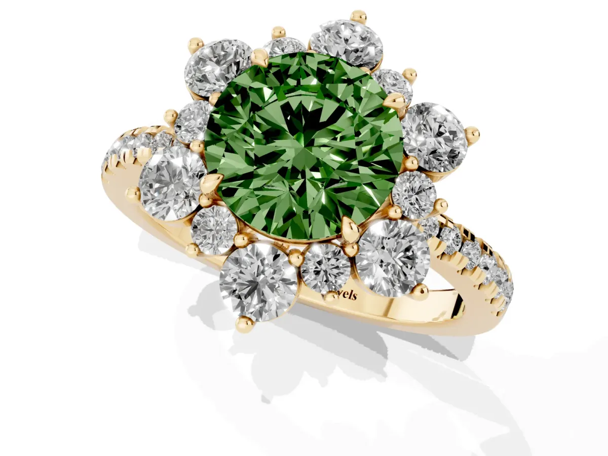 Fancy Green Round Cut Diamond Floral Halo Ring with Round Pavé Band and Prong Setting Yellow gold