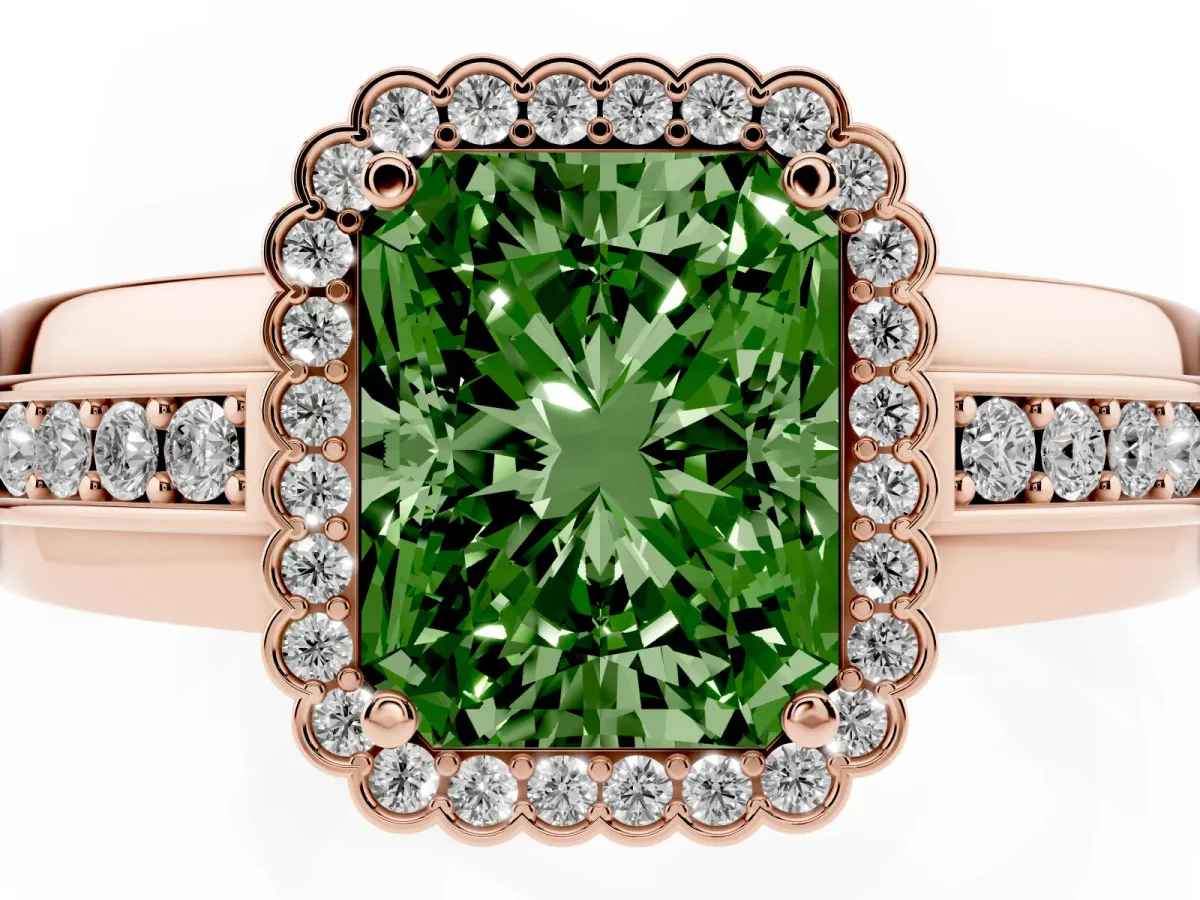 Fancy Green Radiant Cut Cut Halo Pave Band Four-Prong Ring Rose gold