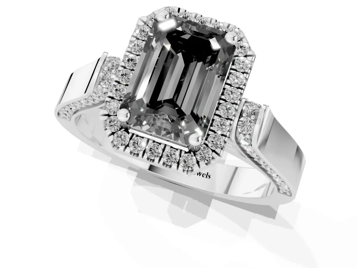 Fancy Black Emerald Cut Halo Round Diamond Twist Band with Four-Prong Setting Silver