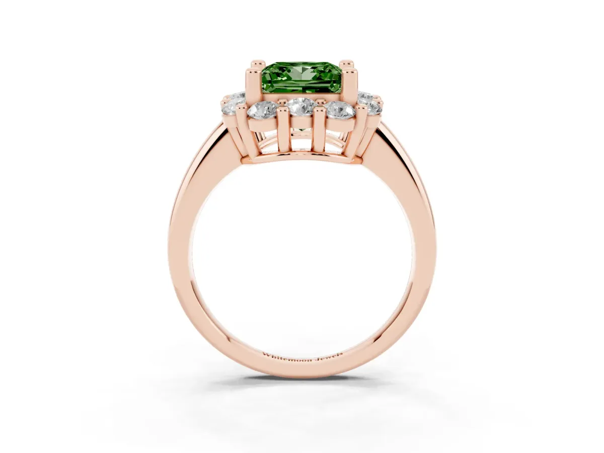 Fancy Green Princess Cut Halo Cluster Diamond Engagement Ring with Prong Setting and Polished Band Rose gold