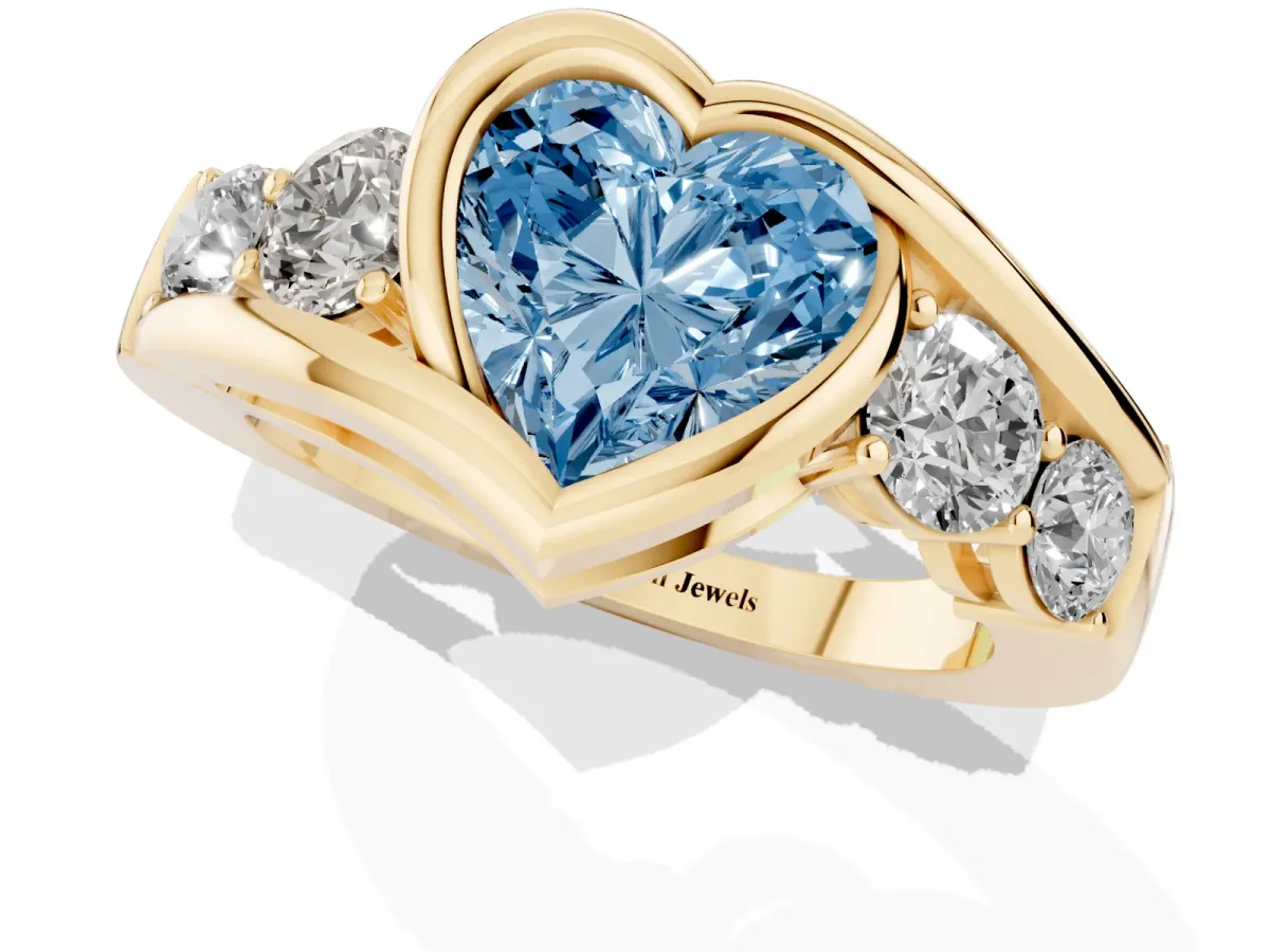 Fancy Blue Bezel Set Heart Cut Diamond Bypass Ring with Round Accents Yellow gold