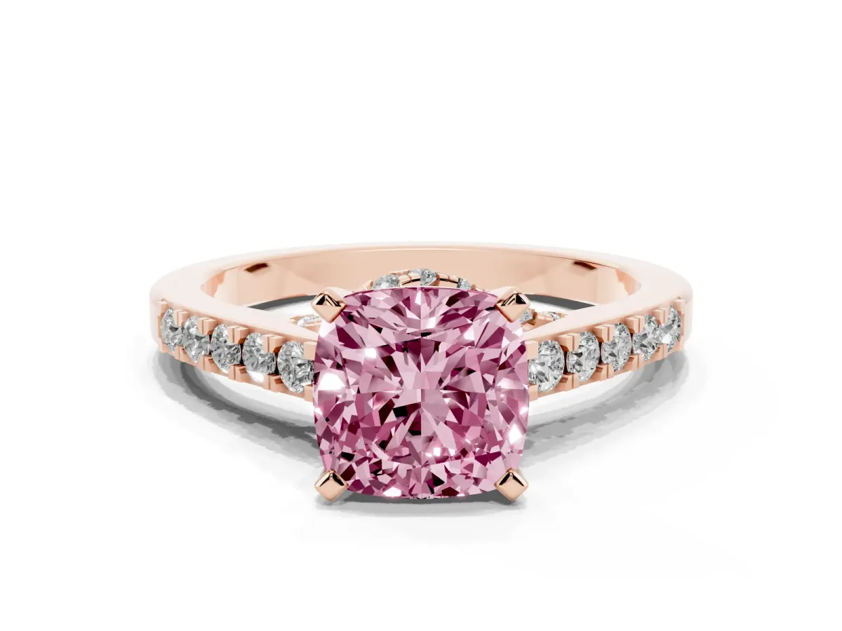 Fancy Pink Cushion Cut Diamond Solitaire Ring with Crossover Gallery and Round Pavé Band Rose gold