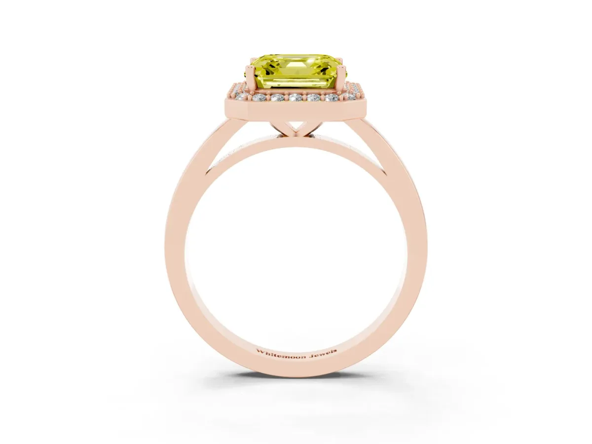 Fancy Yellow Asscher Cut Halo Diamond Ring with Solitaire Band and Prong Setting Rose gold